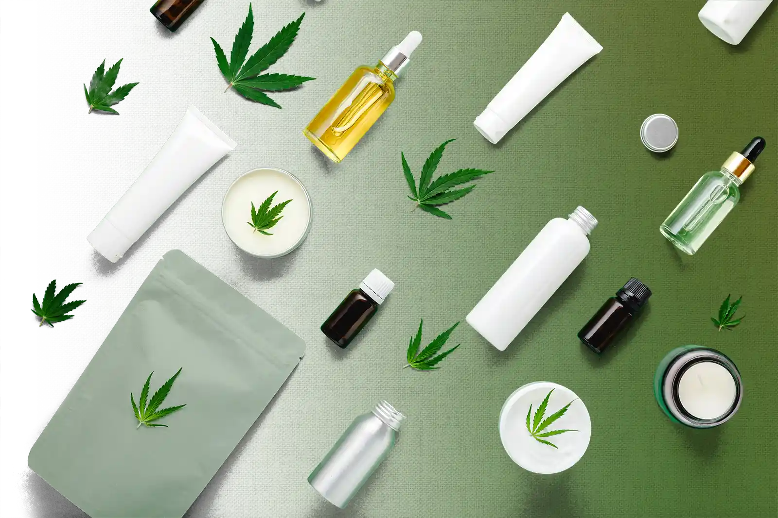 CBD products arrayed on a surface
